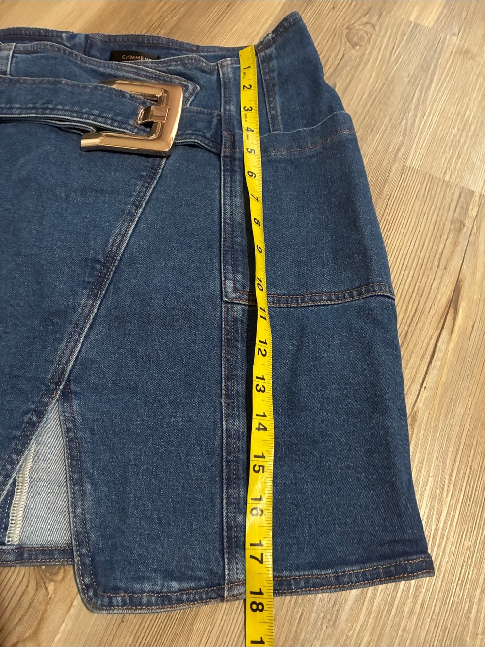 Commense Buckle Detail Asymmetrical Denim Mini Skirt Women’s L NWT - Picture 11 of 12